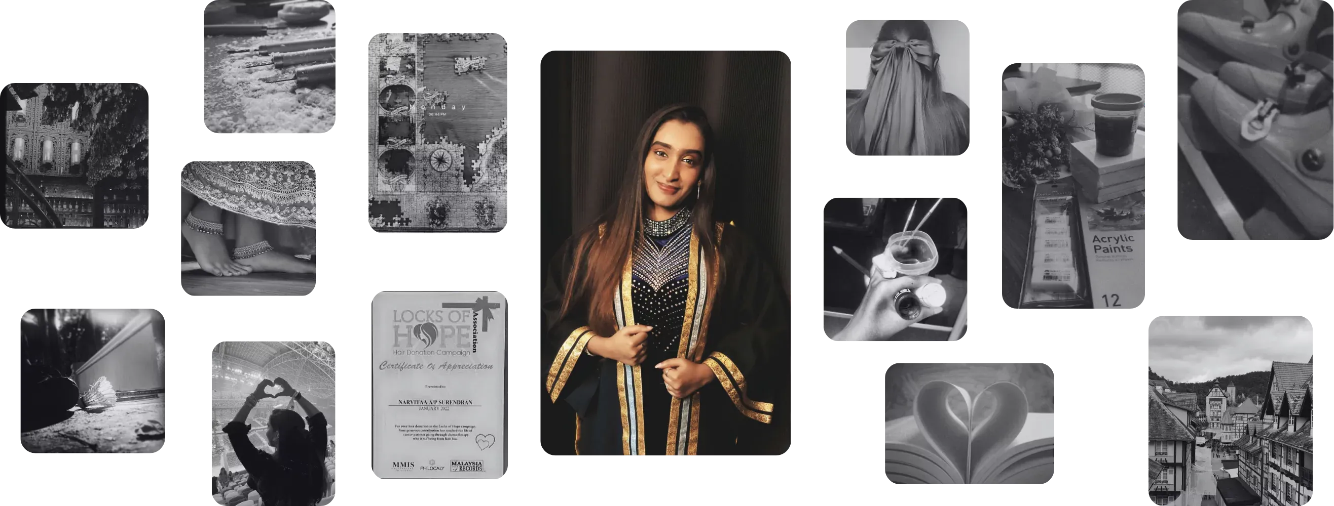 A wall of photographs from Narvitaa’s life and work